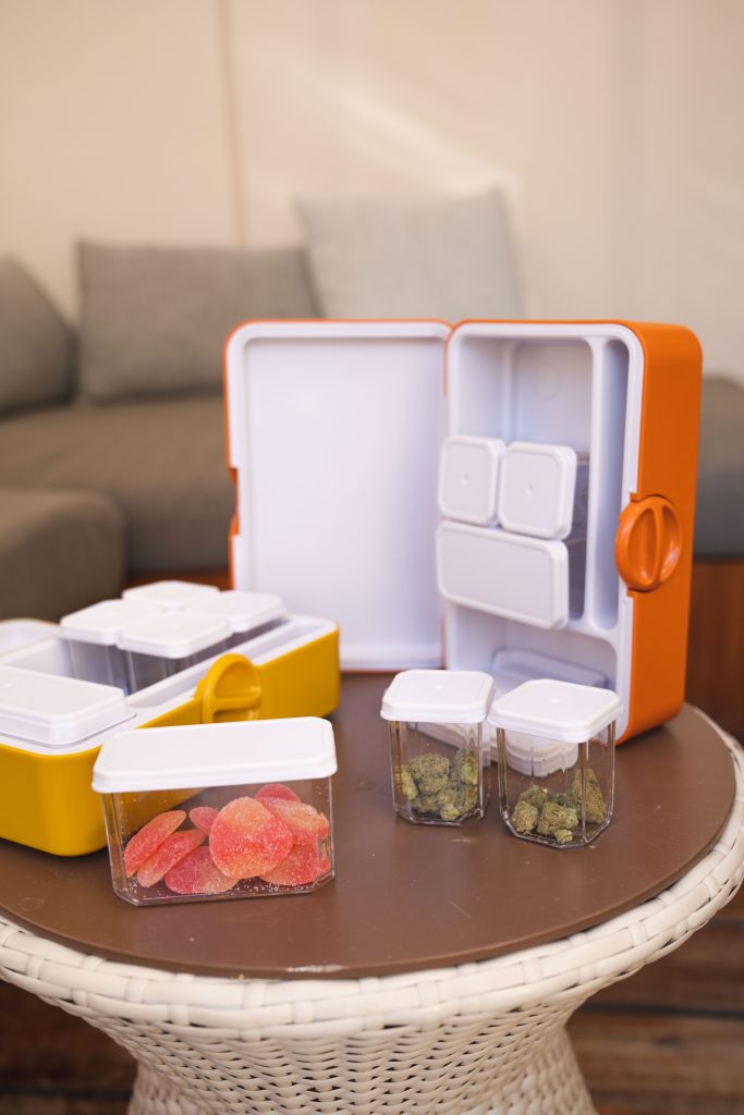 A colorful, carefully designed cannabis storage system