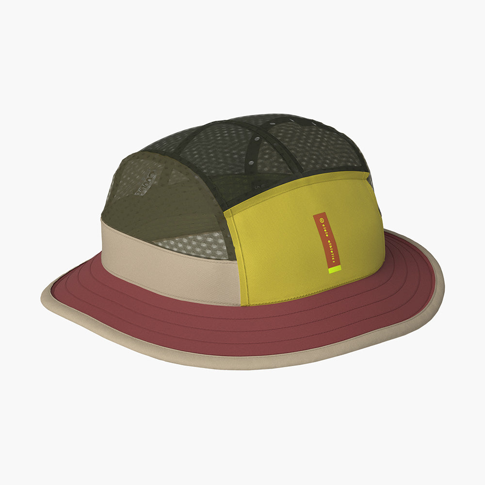 A colorful hat that has a mesh upper and an SPF 50 brim