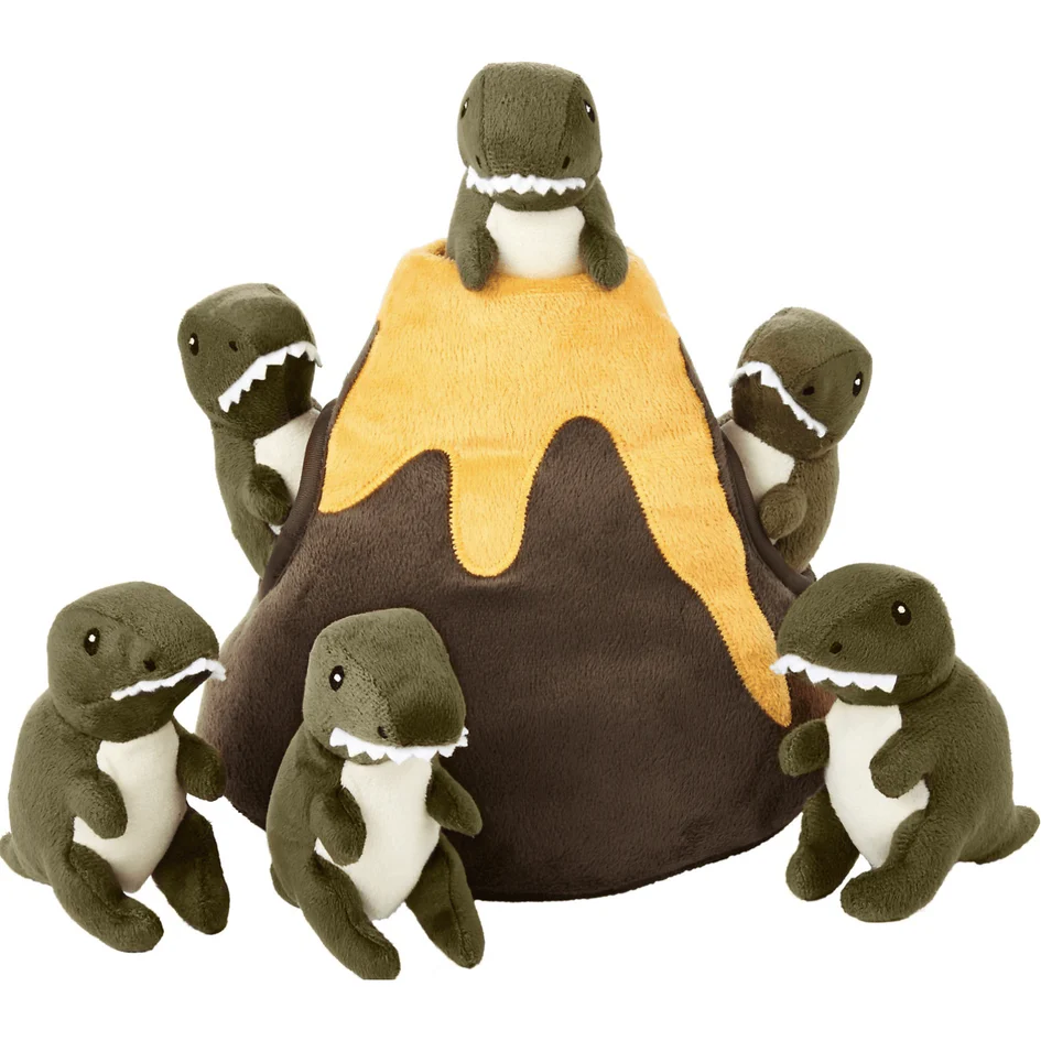 A plush volcano with five dinosaurs play set for dogs