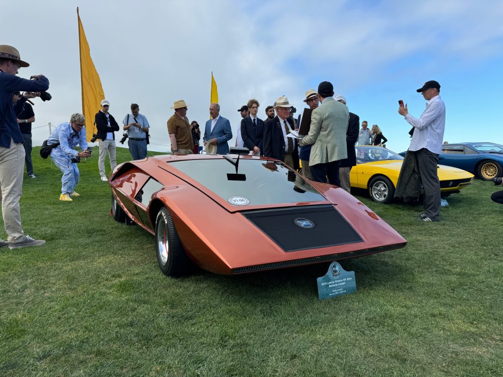 The 1970 Lancia Stratos Coupe concept car on the lawn at the 2024 Pebble Beach Concours d'Elegance