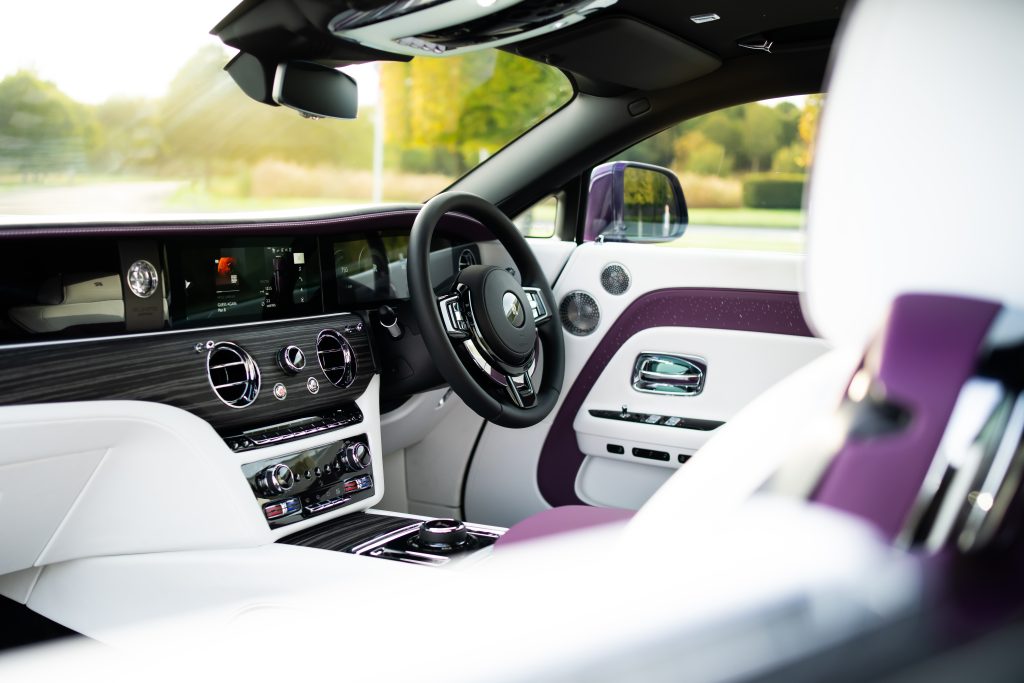 purple and white interior of the Spectre