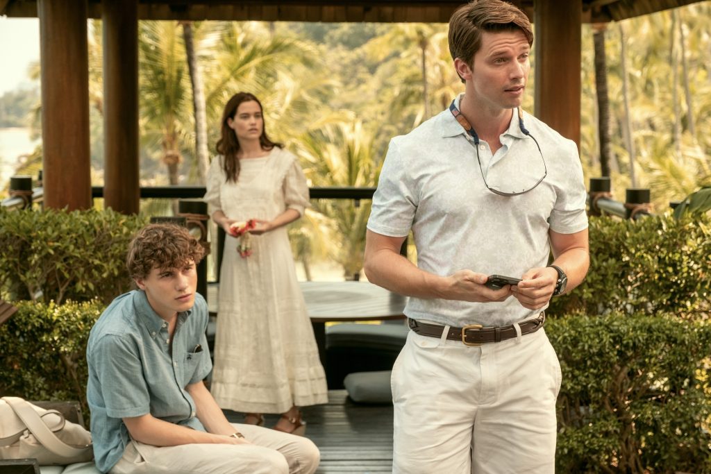 Patrick Schwarzenegger, Sarah Catherine Hook, and Sam Nivola in season three of The White Lotus, at their villa in the resort