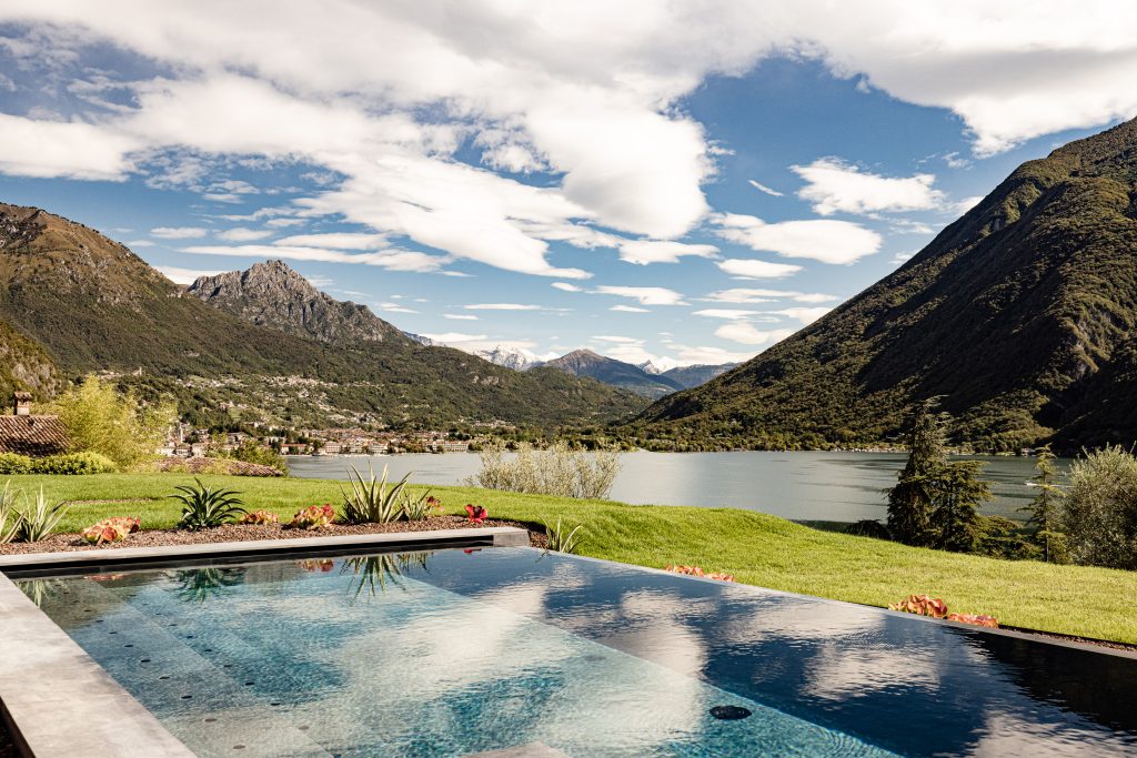 A view from one of the pools shows the lake and mountains